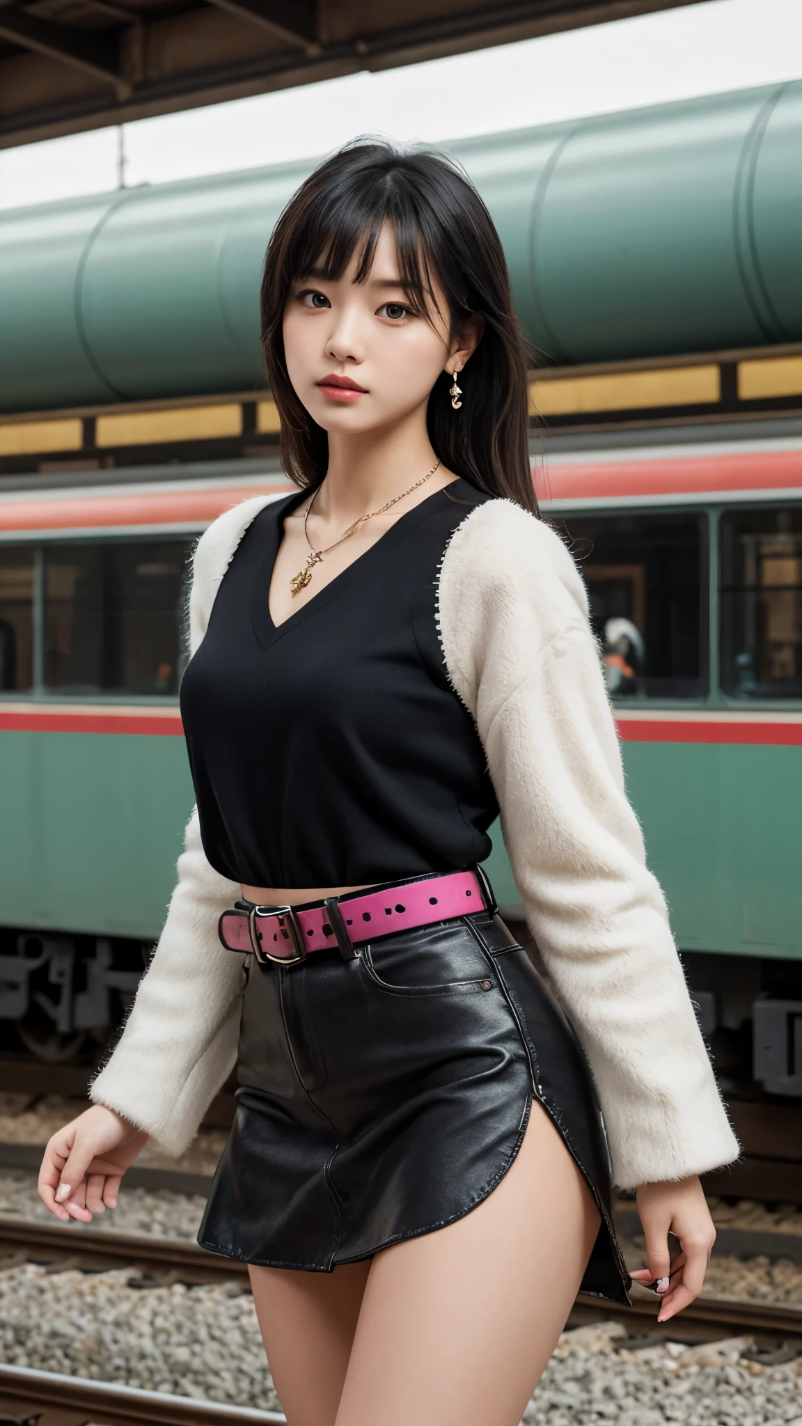 (Ultra-detailed eyes), (((textile shading))), (((Best Quality))), (((masterpiece))), (((Ultra realistic))), fat, sassy girl, street girl, black messy hair with bangs, Emo Pin up Girl, mini skirt, top with fur on sleeve, y2k sparkle belt, cite necklace, y2k edition earrings, black and pink outfit colors, Striking a pose, natural make up, skinny fat innocent, in a haunted rail station, heavenly, midshot, centered image, good girl, innocent girl, front look