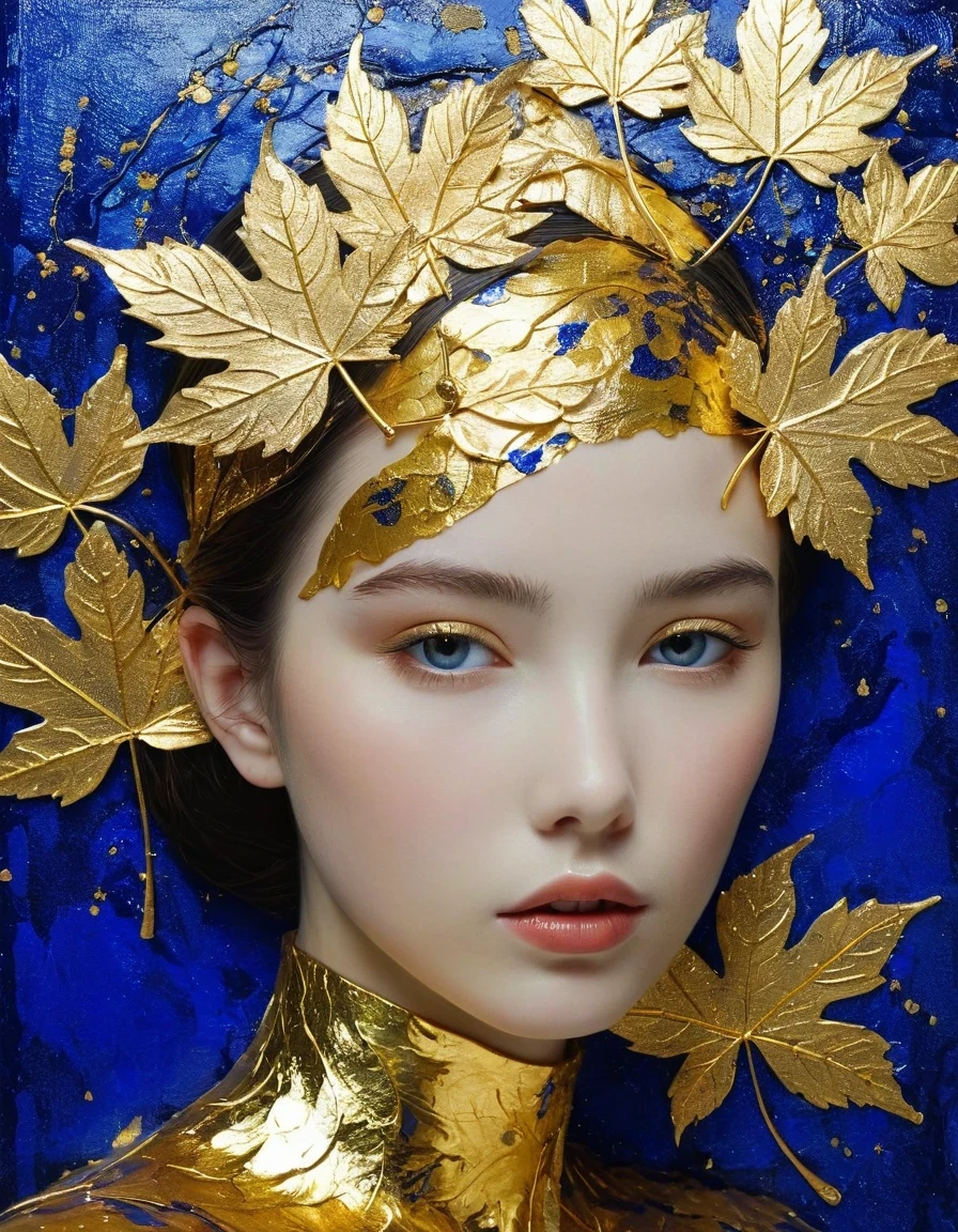 Gold Leaf Art/gold leaf art,girl,Translucent gold foil and Klein blue,in style of Barbara Takenaga