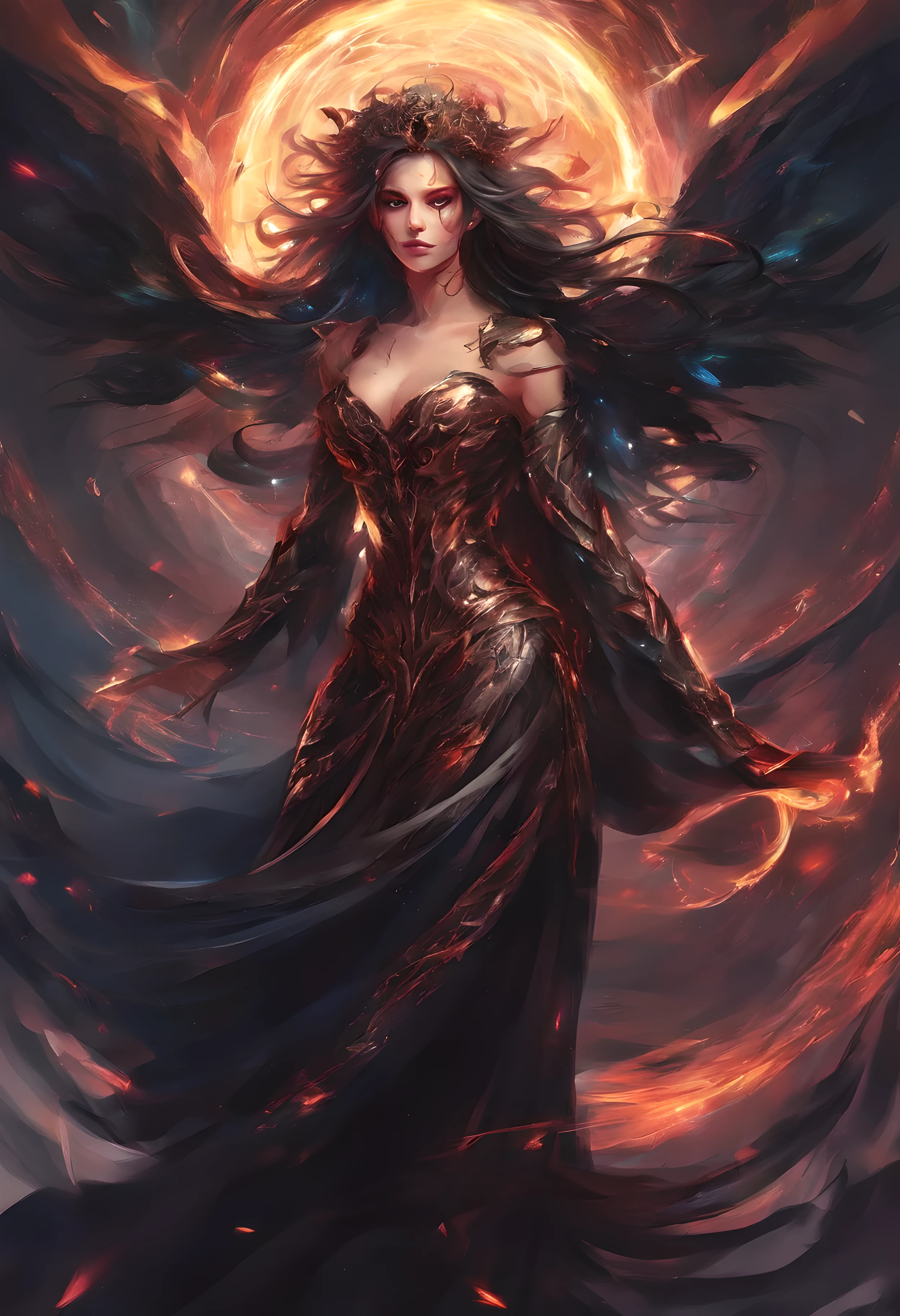 Demon princess, mournful lady, ghost angel, fighting in the battlefield casting a dark spell, dark energy aura, full figure portrait, three quarter wiew, masterpiece, 8k resolution, warp space background, Caravaggio art, digital art