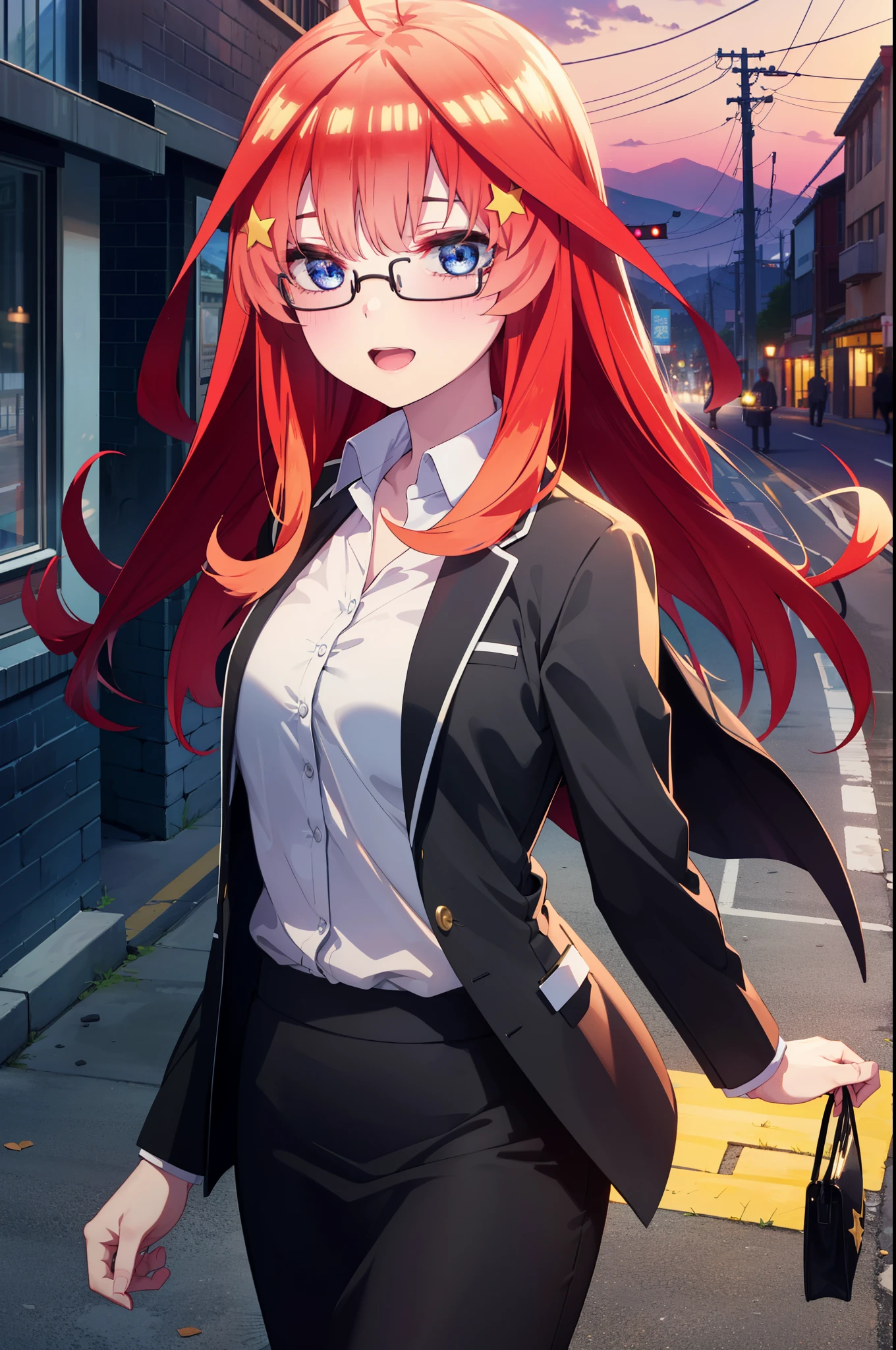 itsukinakano, itsuki nakano, bangs, blue eyes, hair between eyes, Ahoge, redhead, star \(symbol\), hair ornaments, star hair ornaments,happy smile, smile, open your mouth,OL, Akagi glasses,black suit jacket, collared jacket, white dress shirt, collared shirt, neckline, button, strap, ID card on neck, black pencil skirt, black pantyhose, stiletto heels,whole bodyがイラストに入るように,evening,sunset,The sun is setting,
break outdoors, In town,building street,
break looking at viewer, whole body,(cowboy shot:1. 5)
break (masterpiece:1.2), highest quality, High resolution, unity 8k wallpaper, (figure:0.8), (detailed and beautiful eyes:1.6), highly detailed face, perfect lighting, Very detailed CG, (perfect hands, perfect anatomy),