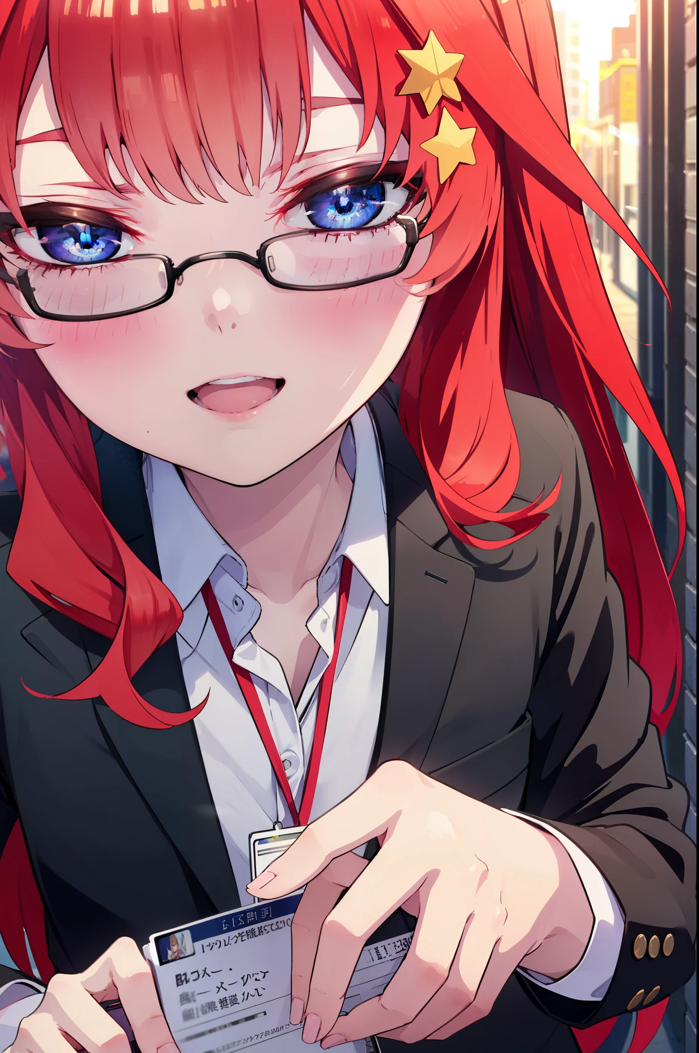 itsukinakano, itsuki nakano, bangs, blue eyes, hair between eyes, Ahoge, redhead, star \(symbol\), hair ornaments, star hair ornaments,happy smile, smile, open your mouth,OL, Akagi glasses,black suit jacket, collared jacket, white dress shirt, collared shirt, neckline, button, strap, ID card on neck, black pencil skirt, black pantyhose, stiletto heels,whole bodyがイラストに入るように,evening,sunset,The sun is setting,
break outdoors, In town,building street,
break looking at viewer, whole body,(cowboy shot:1. 5)
break (masterpiece:1.2), highest quality, High resolution, unity 8k wallpaper, (figure:0.8), (detailed and beautiful eyes:1.6), highly detailed face, perfect lighting, Very detailed CG, (perfect hands, perfect anatomy),
