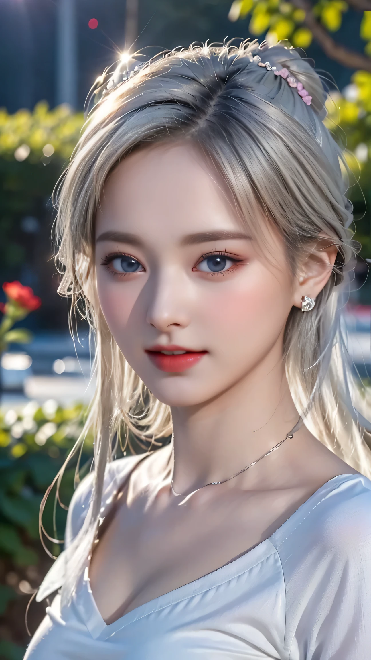 ((Girl taking care of flowers in the garden))、top quality work,Actual work,Ultra Premium Graphics,8K HD CG works,High quality graphics,High-definition CG works,super fine details:1.1,Advanced technical details:1.1Photo-realistic,Natural light:1.5. light effect(virtual light effect:1.8),超A high resolution,長いsilver hair,silver hair,transparent hair,high detail hair(premium hair detail:1.1)clear eyes,beautiful double eyelids,sharp eye makeup, delicate eyelash makeup, thin eyebrows, highly detailed eyes,high nose, nice red lips, rose cheeks, A face with delicate makeup , cute face, perfectly proportioned face,(Advanced facial details:1.1),shiny,summer sexy、((whiteTshirt)),((Jeans Mini Skirt)),stiletto heels,woman'artwork of,full body figure,realism,wonderful,My eyes are shining today