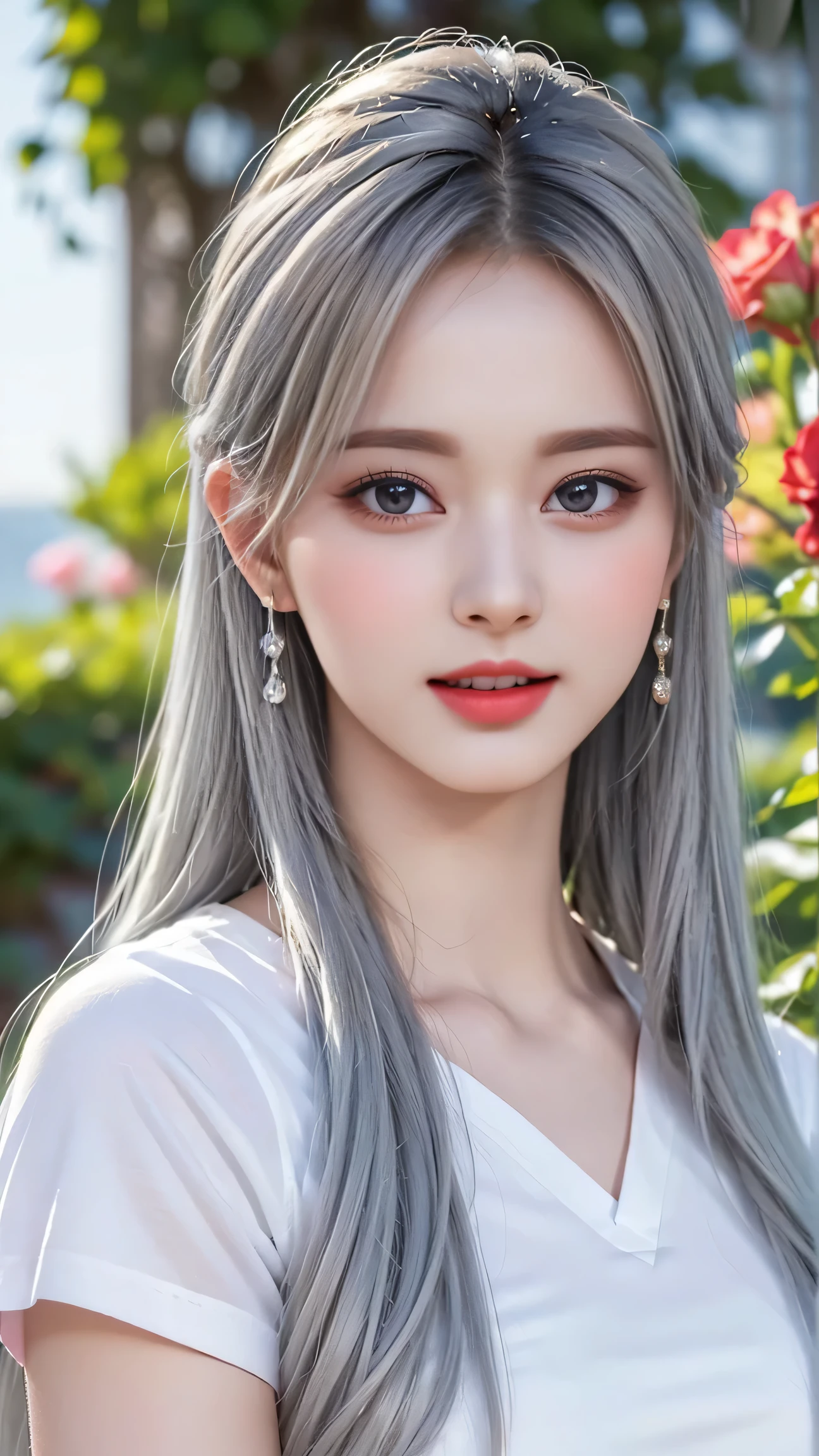 ((Girl taking care of flowers in the garden))、top quality work,Actual work,Ultra Premium Graphics,8K HD CG works,High quality graphics,High-definition CG works,super fine details:1.1,Advanced technical details:1.1Photo-realistic,Natural light:1.5. light effect(virtual light effect:1.8),超A high resolution,長いsilver hair,silver hair,transparent hair,high detail hair(premium hair detail:1.1)clear eyes,beautiful double eyelids,sharp eye makeup, delicate eyelash makeup, thin eyebrows, highly detailed eyes,high nose, nice red lips, rose cheeks, A face with delicate makeup , cute face, perfectly proportioned face,(Advanced facial details:1.1),shiny,summer sexy、((whiteTshirt)),((Jeans Mini Skirt)),stiletto heels,woman'artwork of,full body figure,realism,wonderful,My eyes are shining today