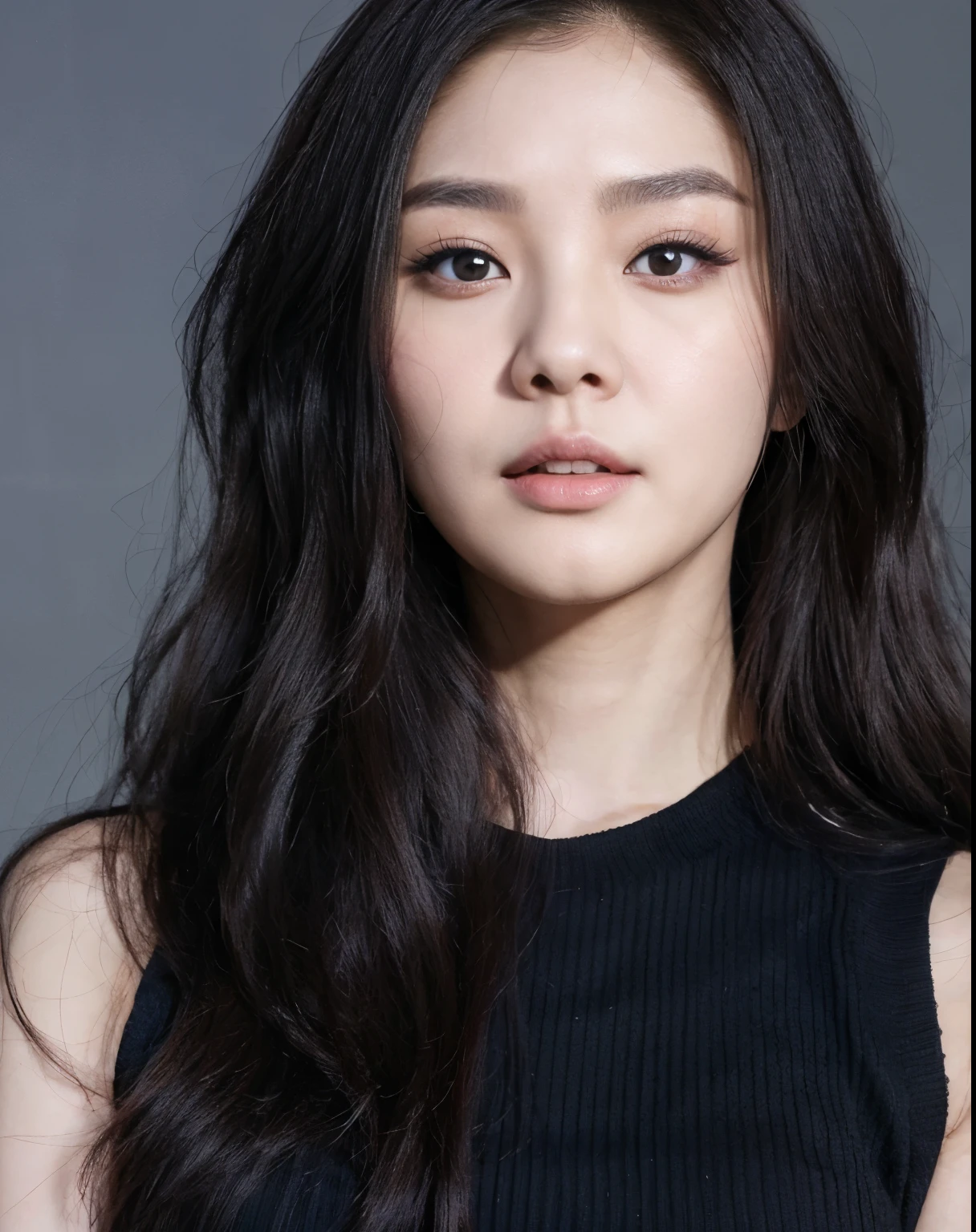 a close up of a woman with long hair wearing a black top, lee ji - eun, lee ji-eun, female actress from korea, heonhwa choe, park ji-min, hwang se - on, cute korean actress, shin min jeong, jaeyeon nam, kim hyun joo, kwak ji young, ji-min, gongbi