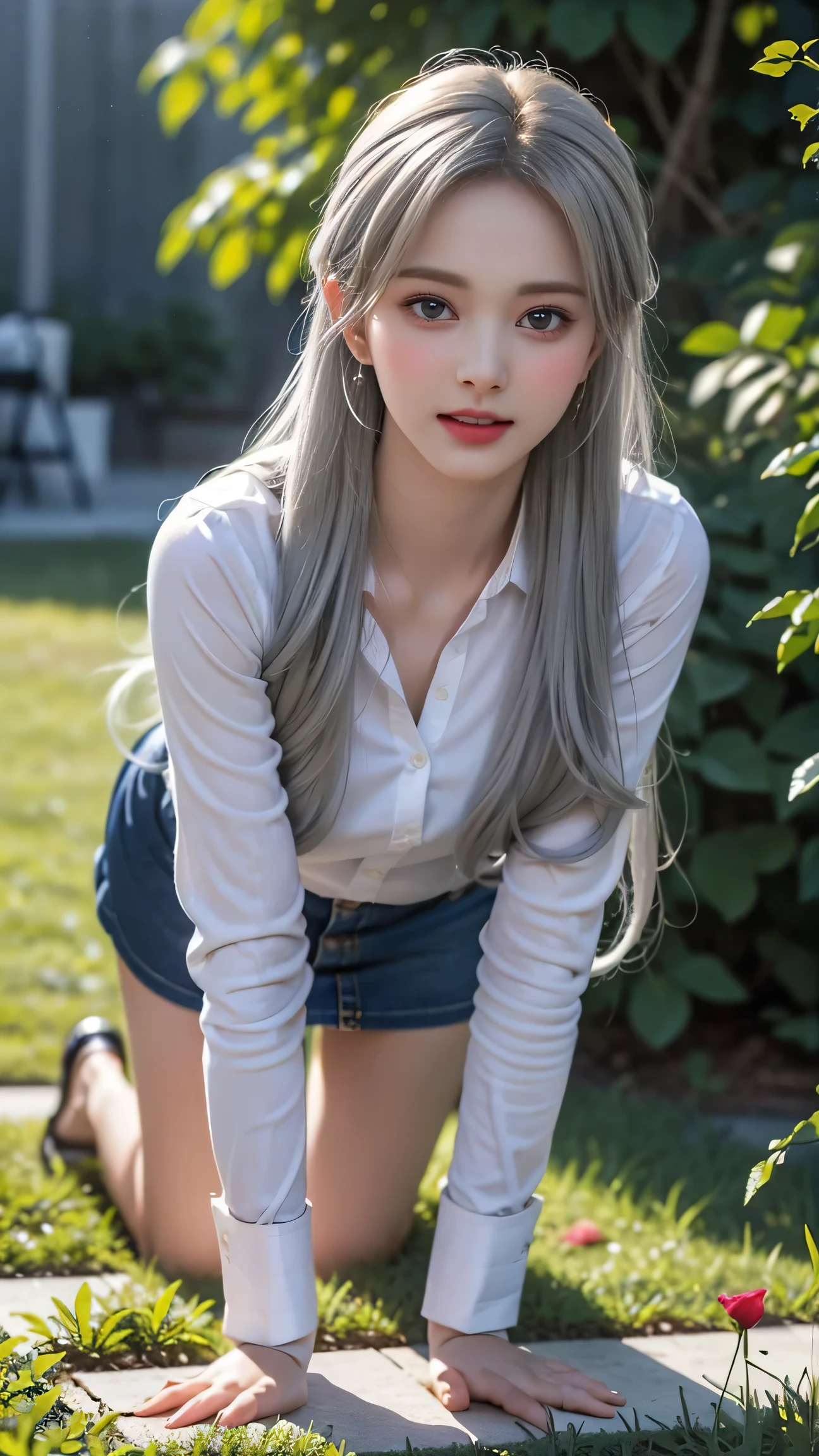 ((Girl taking care of flowers in the garden))、top quality work,Actual work,Ultra Premium Graphics,8K HD CG works,High quality graphics,High-definition CG works,super fine details:1.1,Advanced technical details:1.1Photo-realistic,Natural light:1.5. light effect(virtual light effect:1.8),超A high resolution,長いsilver hair,silver hair,transparent hair,high detail hair(premium hair detail:1.1)clear eyes,beautiful double eyelids,sharp eye makeup, delicate eyelash makeup, thin eyebrows, highly detailed eyes,high nose, nice red lips, rose cheeks, A face with delicate makeup , cute face, perfectly proportioned face,(Advanced facial details:1.1),shiny,summer sexy、((whiteTshirt)),((Jeans Mini Skirt)),stiletto heels,woman'artwork of,full body figure,realism,wonderful,My eyes are shining today,((get down on all fours)),