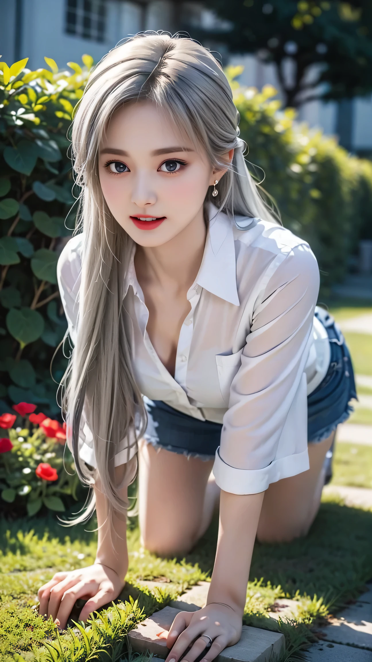 ((Girl taking care of flowers in the garden)）、top quality work，Actual work，Ultra Premium Graphics，8K HD CG works，High quality graphics，High-definition CG works，super fine details：1.1，Advanced technical details：1.1Photo-realistic,Natural light：1.5. light effect（virtual light effect：1.8），超A high resolution，長いsilver hair，silver hair，transparent hair，high detail hair（premium hair detail：1.1）clear eyes，beautiful double eyelids，sharp eye makeup, delicate eyelash makeup, thin eyebrows, highly detailed eyes，high nose, nice red lips, rose cheeks, A face with delicate makeup , cute face, perfectly proportioned face,（Advanced facial details：1.1），shiny，summer sexy、((whiteＴshirt)),((Jeans Mini Skirt)），stiletto heels，woman&#39;artwork of，full body figure，realism，wonderful，My eyes are shining today,((get down on all fours)),