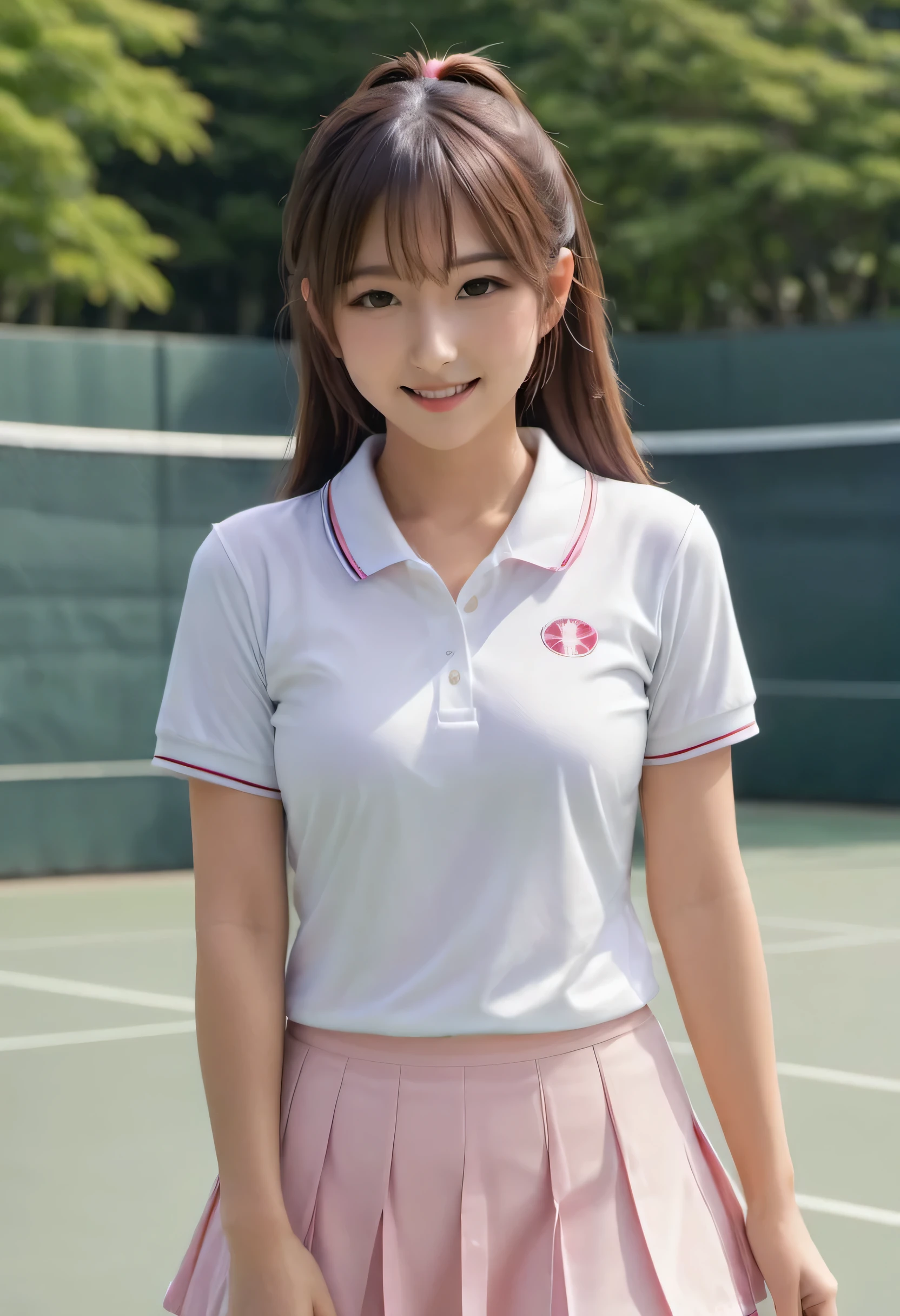 ((Wear a tennis uniform)),Wear a short pleated skirt 、Silk panties sticking out、panty shot、Focus on panties、Soft skin、ponytail, japanese girl, 8K, huge breasts,full body shot、 highest quality, masterpiece, realistic, Photorealistic super detail, one girl, cute, best smile, beautiful eyes, long hair, perfect face,full body shot