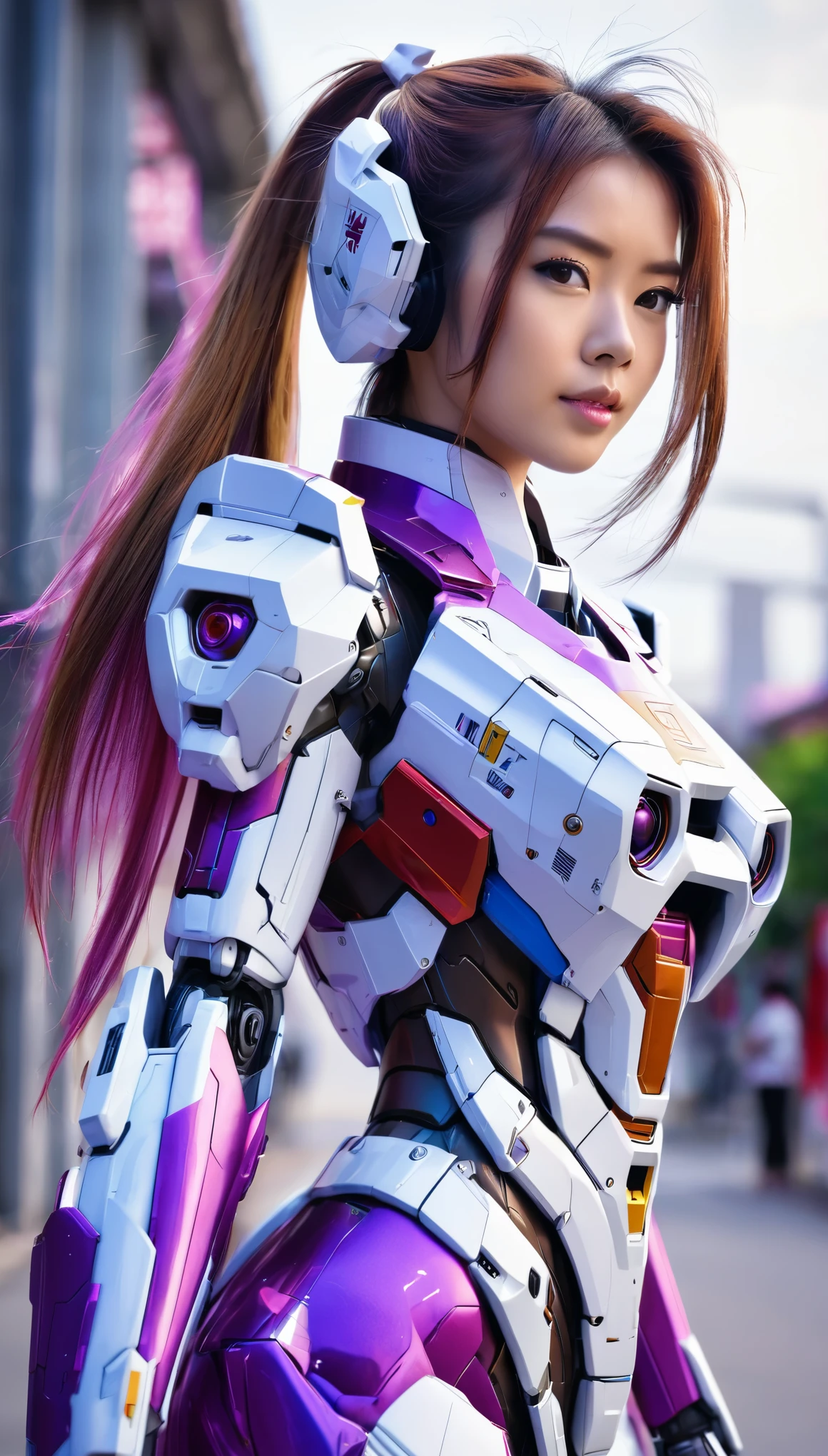 RAW, Masterpiece, Ultra Fine Photo,, Best Quality, Ultra High Resolution, Photorealistic, Sunlight, Full Body Portrait, Stunningly Beautiful,, Dynamic Poses, Delicate Face, wearing a mecha detector glass future transparent neon, Vibrant Eyes, a full body of a woman in a purple and white gundam custume, dybamic pose, pony tail long brown very very long hair rapunzel, girl in mecha cyber armor, portrait armored astronaut girl, d. va from overwatch, female mecha, on a gundam, gundam head, chiho aoshima color scheme, mobile suit, streamlined purple armor, fully robotic!! girl, realistic cosplay, gundam armor (dynamic pose) (best cameraview), full body, sit down, full body