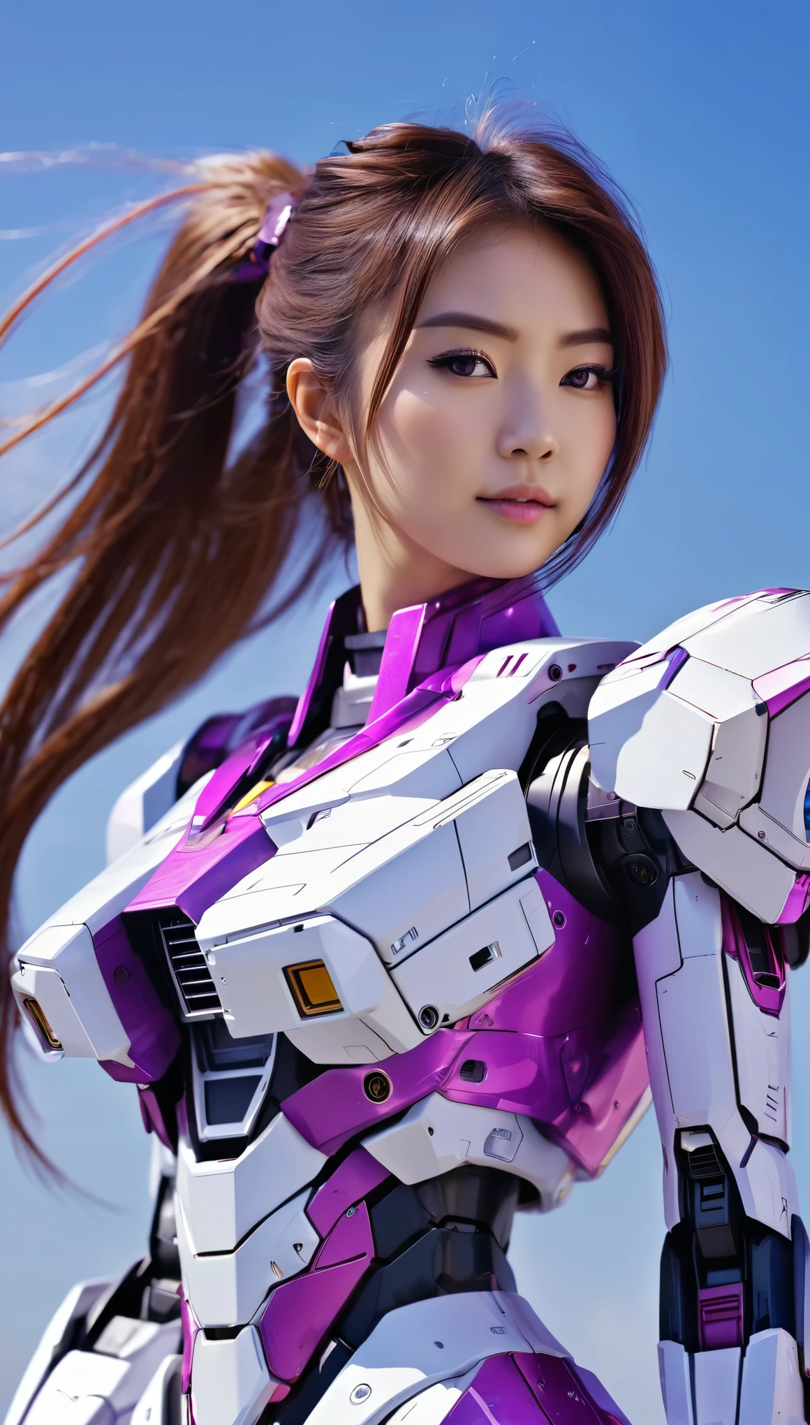RAW, Masterpiece, Ultra Fine Photo,, Best Quality, Ultra High Resolution, Photorealistic, Sunlight, Full Body Portrait, Stunningly Beautiful,, Dynamic Poses, Delicate Face, wearing a mecha detector glass future transparent neon, Vibrant Eyes, a full body of a woman in a purple and white gundam custume, dybamic pose, pony tail long brown very very long hair rapunzel, girl in mecha cyber armor, portrait armored astronaut girl, d. va from overwatch, female mecha, on a gundam, gundam head, chiho aoshima color scheme, mobile suit, streamlined purple armor, fully robotic!! girl, realistic cosplay, gundam armor (dynamic pose) (best cameraview), full body, sit down, full body