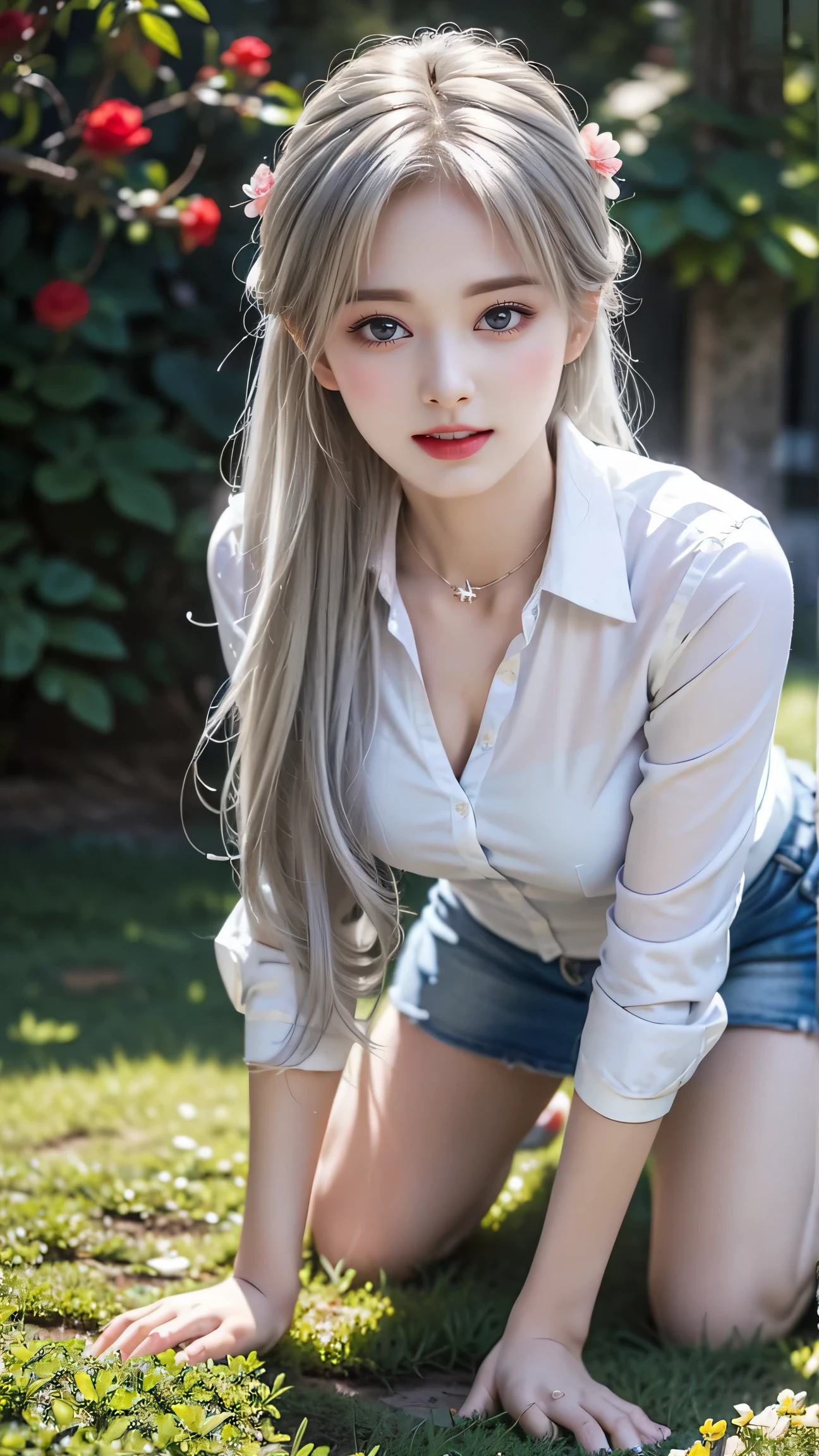 ((Girl taking care of flowers in the garden)）、top quality work，Actual work，Ultra Premium Graphics，8K HD CG works，High quality graphics，High-definition CG works，super fine details：1.1，Advanced technical details：1.1Photo-realistic,Natural light：1.5. light effect（virtual light effect：1.8），超A high resolution，長いsilver hair，silver hair，transparent hair，high detail hair（premium hair detail：1.1）clear eyes，beautiful double eyelids，sharp eye makeup, delicate eyelash makeup, thin eyebrows, highly detailed eyes，high nose, nice red lips, rose cheeks, A face with delicate makeup , cute face, perfectly proportioned face,（Advanced facial details：1.1），shiny，summer sexy、((whiteＴshirt)),((Jeans Mini Skirt)）,((Rear view))、((look back))、(stick out your butt)，stiletto heels，woman&#39;artwork of，full body figure，realism，wonderful，My eyes are shining today,((get down on all fours)),((White panties are visible)),