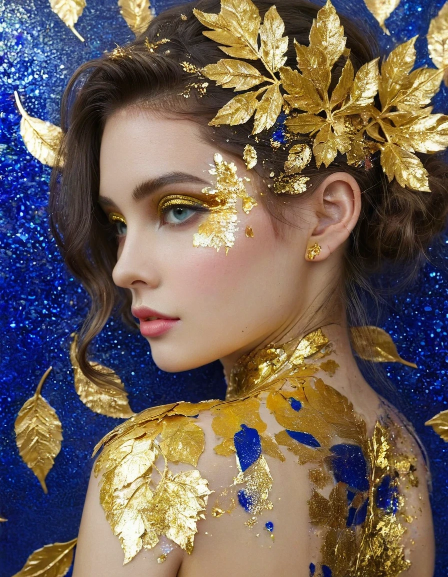 Gold Leaf Art/gold leaf art,girl,Translucent gold foil and Klein blue,in style of Barbara Takenaga