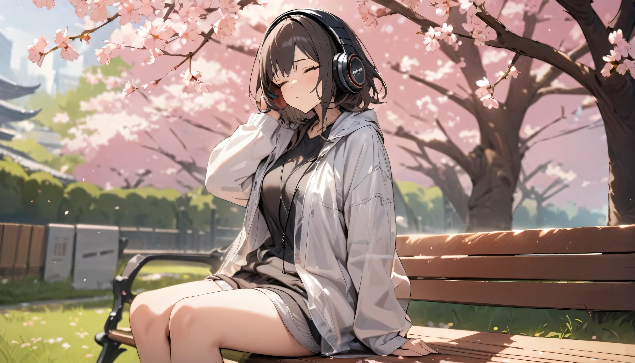 ((best quality)), ((masterpiece)), (detailed), perfect face, sitting under the cherry blossom tree, listening to music, One woman, wearing headphones, eyes closed, wearing underwear, underwear is transparent, sitting on a bench