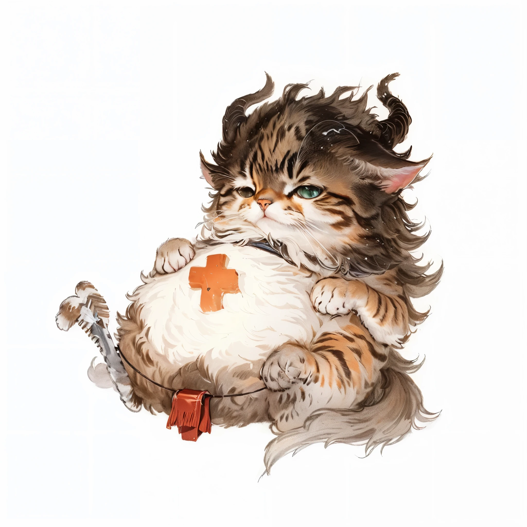 Illustration of a cat with a cross on its chest and a large toothbrush, Full color illustration, Chinese mythology