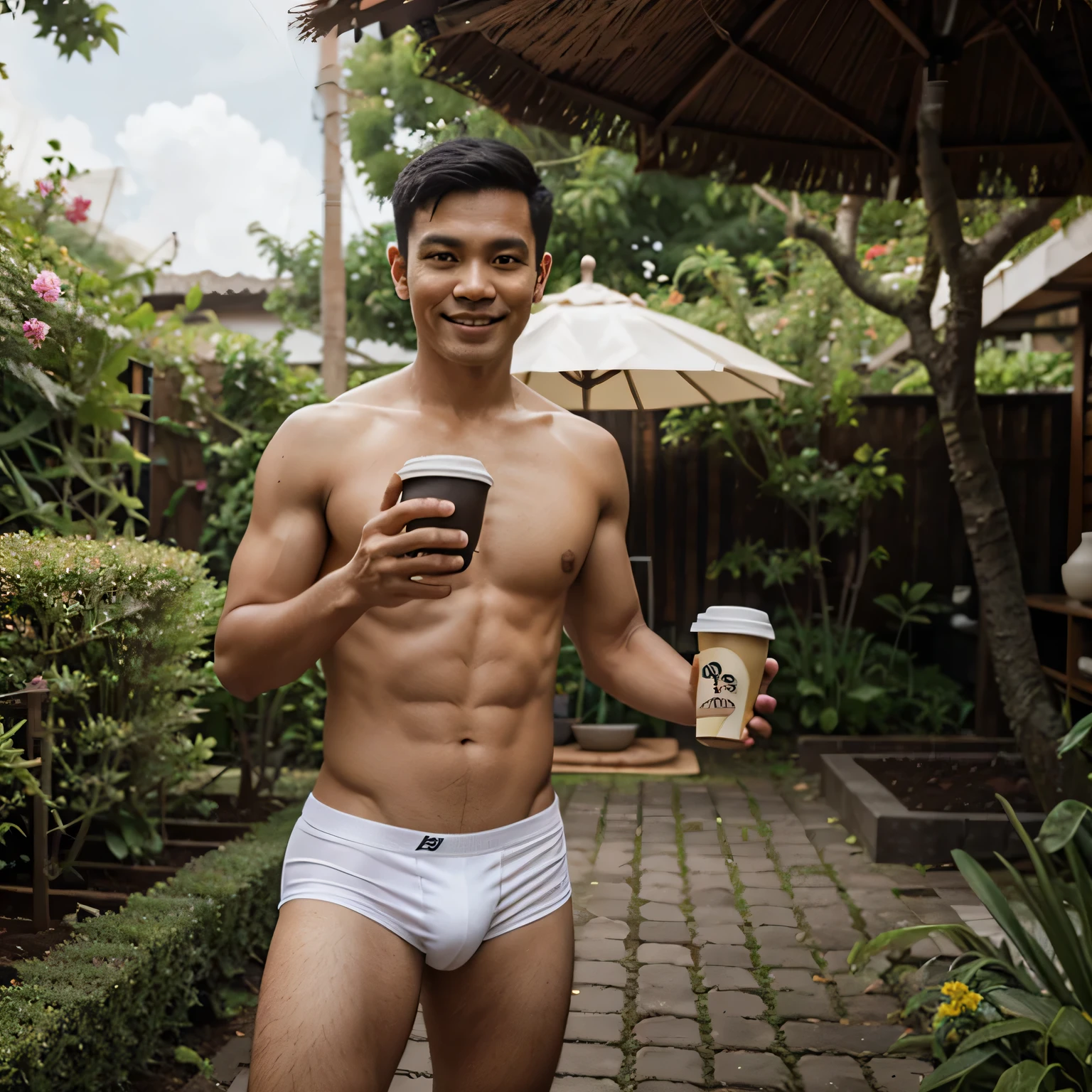 An Indonesian man, short hair, naked, wearing sexy white underwear, standing holding a cup of coffee, smile, in the garden, 4k