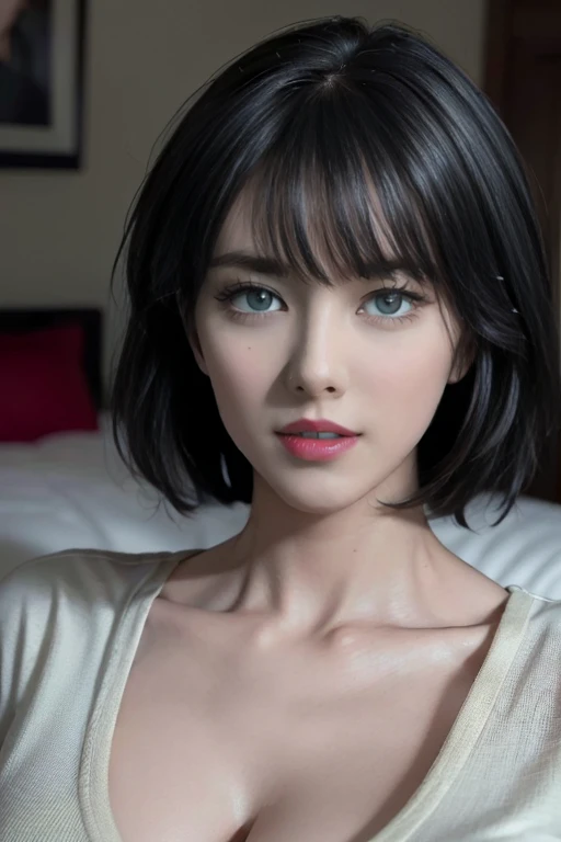 (8K, highest quality, masterpiece:1.2), (software:1.3), (realistic, photo-realistic:1.37), Super detailed, Fubuki, Close up portrait of woman sitting on bed,short black hair,green eyes,Breast size is about G cup,perfect style,dignified and beautiful woman,fubuki, Wearing a white T-shirt without a bra,
