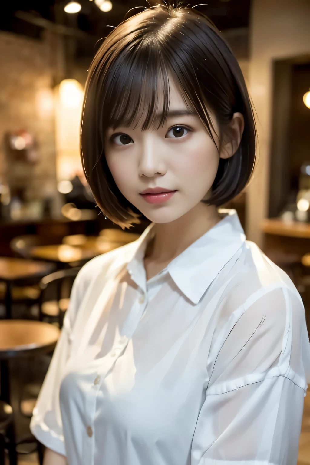 (((Cafe:1.3, indoor, Photographed from the front))), ((medium bob:1.3, white shirt, black inner, japanese woman, cute)), (clean, natural makeup), (highest quality, masterpiece:1.3, 超High resolution), (Super detailed, caustics), (realistic:1.4, RAW shooting), very detailed, High resolution, 16K resolution