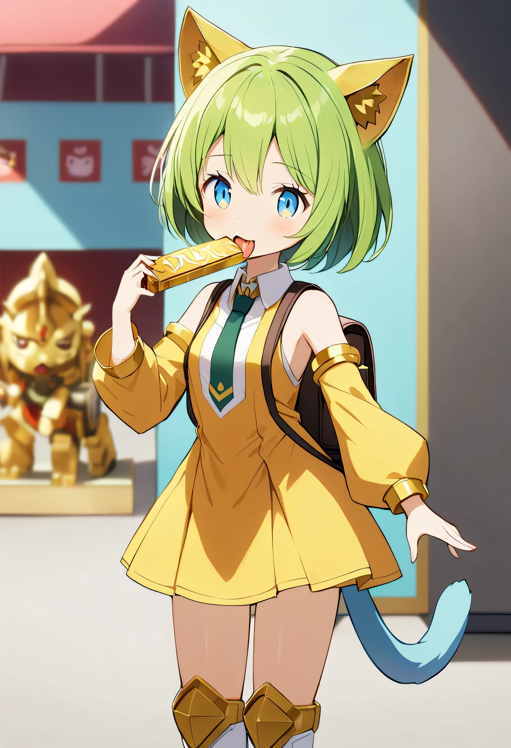 1 girl, Deltamon_beta, alone, blue eyes, knee high, animal ears, bare shoulders, blue tail, earr gs, removable sleeve, green hair, sleeveless, Cat ear, bag, white knee high, cat tail, pでk backpack, pでk school bag,
BREAK A young woman is holding a large candy bar in her mouth at a candy-themed amusement park. She holds a big candy bar in her mouth while sticking it out her tongue. She is droolでg. BREAK ,a female robot puppet made of (golden,gold carving),(solo:1.3),upper body,no humans,still life,humanoid robot,cute,cutie,indoors,front view,facing viewer,