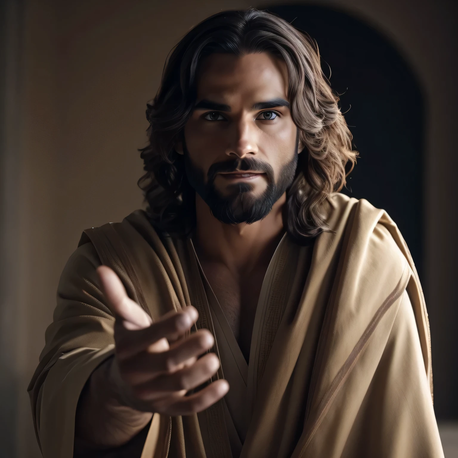 Seth Rollins as Jesus Christ、Focus on the facial details that resemble Seth Rollins、Wearing Jesus' long beige robe、The Bible's Jesus Style、realistic images、smile、highest quality、8k 、highest quality。