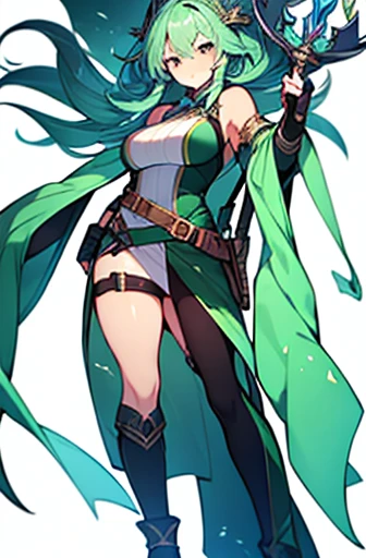 (((Best Quality))) , ((full body)), adult female, high fantasy outfit, solo, (white background), holding weapon, belt, green, white, blue, stand posture,