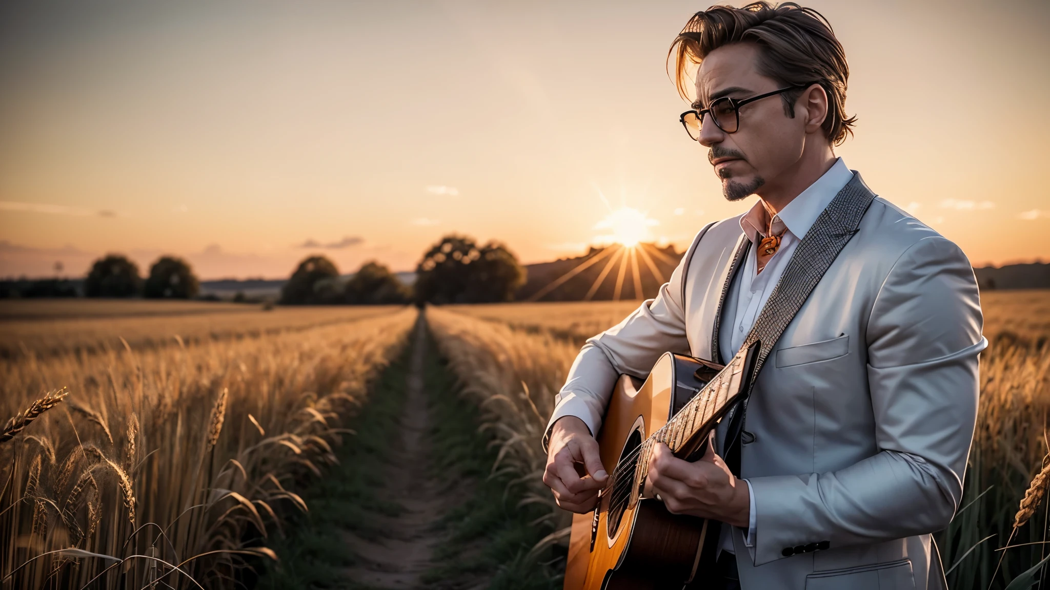 ((best quality)), ((masterpiece)),(detail), perfect face, medium shot of silver-haired Robert Downey Jr. playing guitar in the middle of a barley field, orange sunset, orange light shining on him, wearing vintage formal clothes, romantic style, retro vintage and romanticism, blurred background photos, sunset light, warm orange background color, subject occupying 1/3 of the frame, hyper-realistic photos, 8k , ultra high resolution, sharp faces