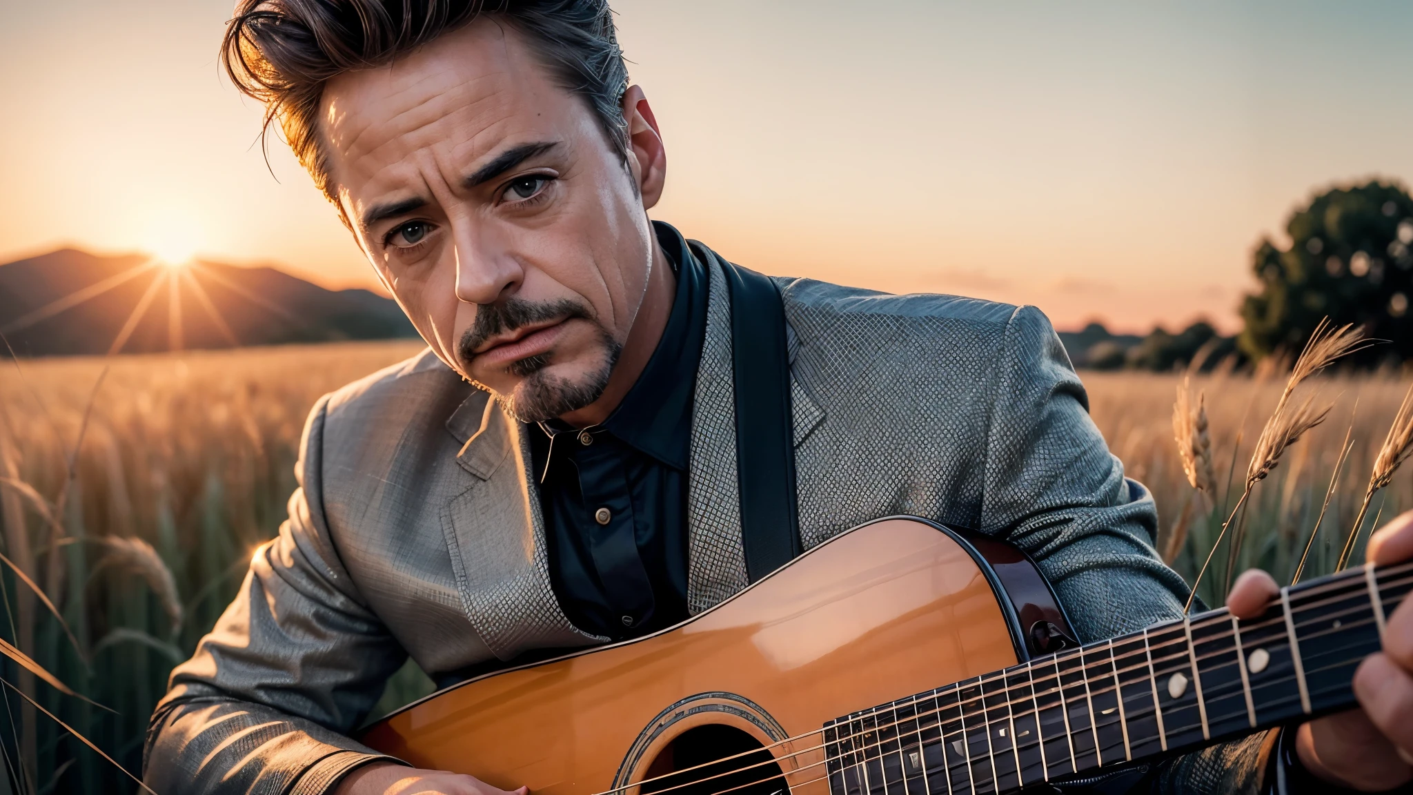 ((best quality)), ((masterpiece)),(detail), perfect face, medium shot of silver-haired Robert Downey Jr. playing guitar in the middle of a barley field, orange sunset, orange light shining on him, wearing vintage formal clothes, romantic style, retro vintage and romanticism, blurred background photos, sunset light, warm orange background color, subject occupying 1/3 of the frame, hyper-realistic photos, 8k , ultra high resolution, sharp faces