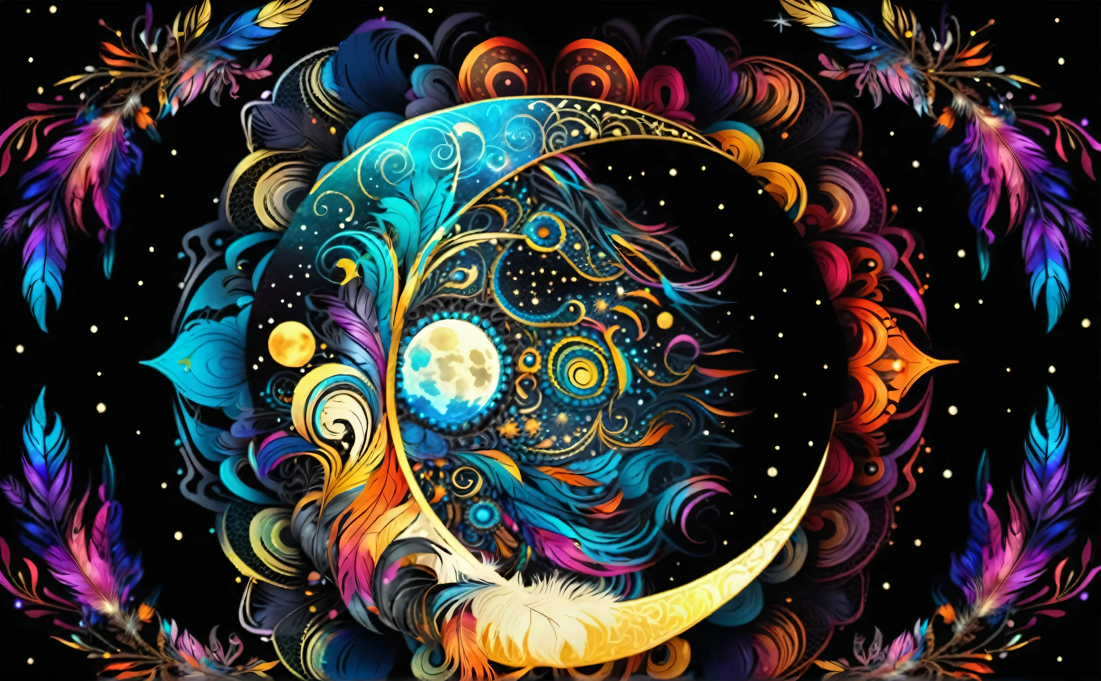 On a black background, a moon is embedded in a mandala, and Bohemian style feathers are placed in all four corners. They are all colorful, 4k, HD,