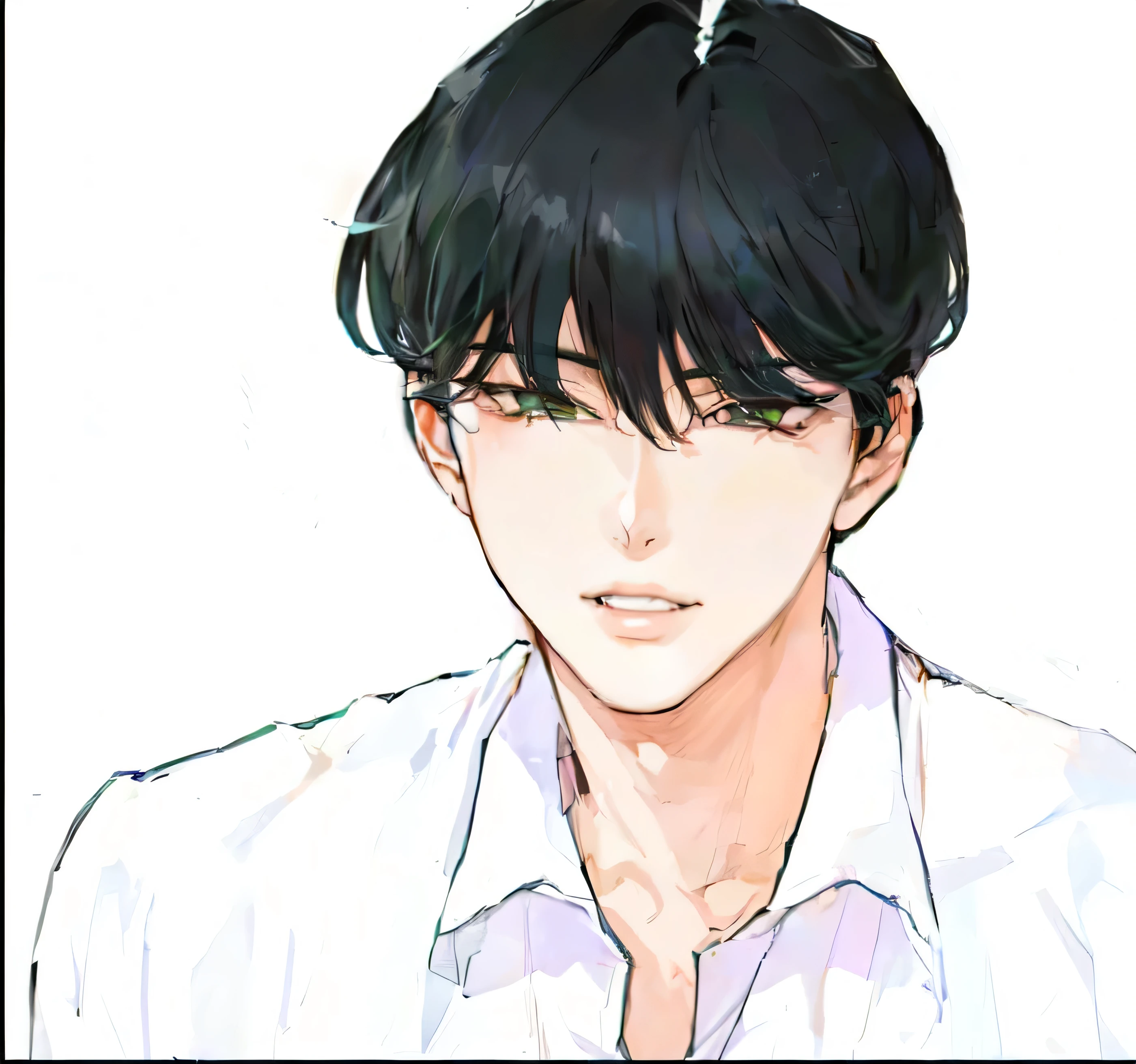 apicture of a man ((SUPER REALISTIC)) with a white shirt a nd black hair, in an anime style, male anime st yle, kentaro miura manga art style, male anim e character, anime handsome man, his eyes lo ok wise, inspired by Bian Shoumin, with serio us face expression, in anime style, clean linear t and color, young anime man, kentaro miura