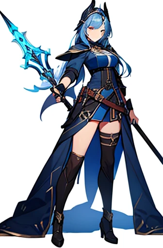 (((Best Quality))) , ((full body)), adult female, high fantasy outfit, solo, (white background), holding weapon, belt, white, blue, stand posture,