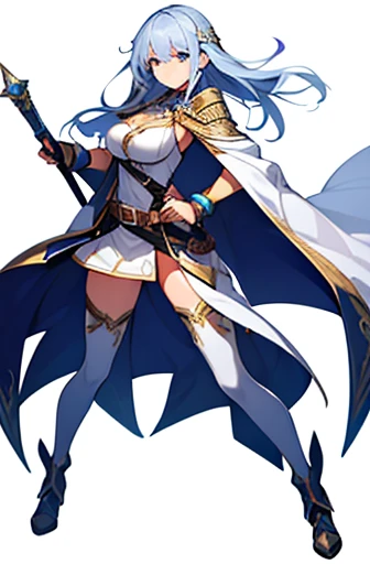 (((Best Quality))) , ((full body)), adult female, high fantasy outfit, solo, (white background), holding weapon, belt, white, blue, stand posture,