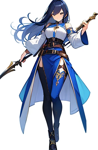 (((Best Quality))) , ((full body)), adult female, high fantasy outfit, solo, (white background), holding weapon, belt, white, blue, stand posture,
