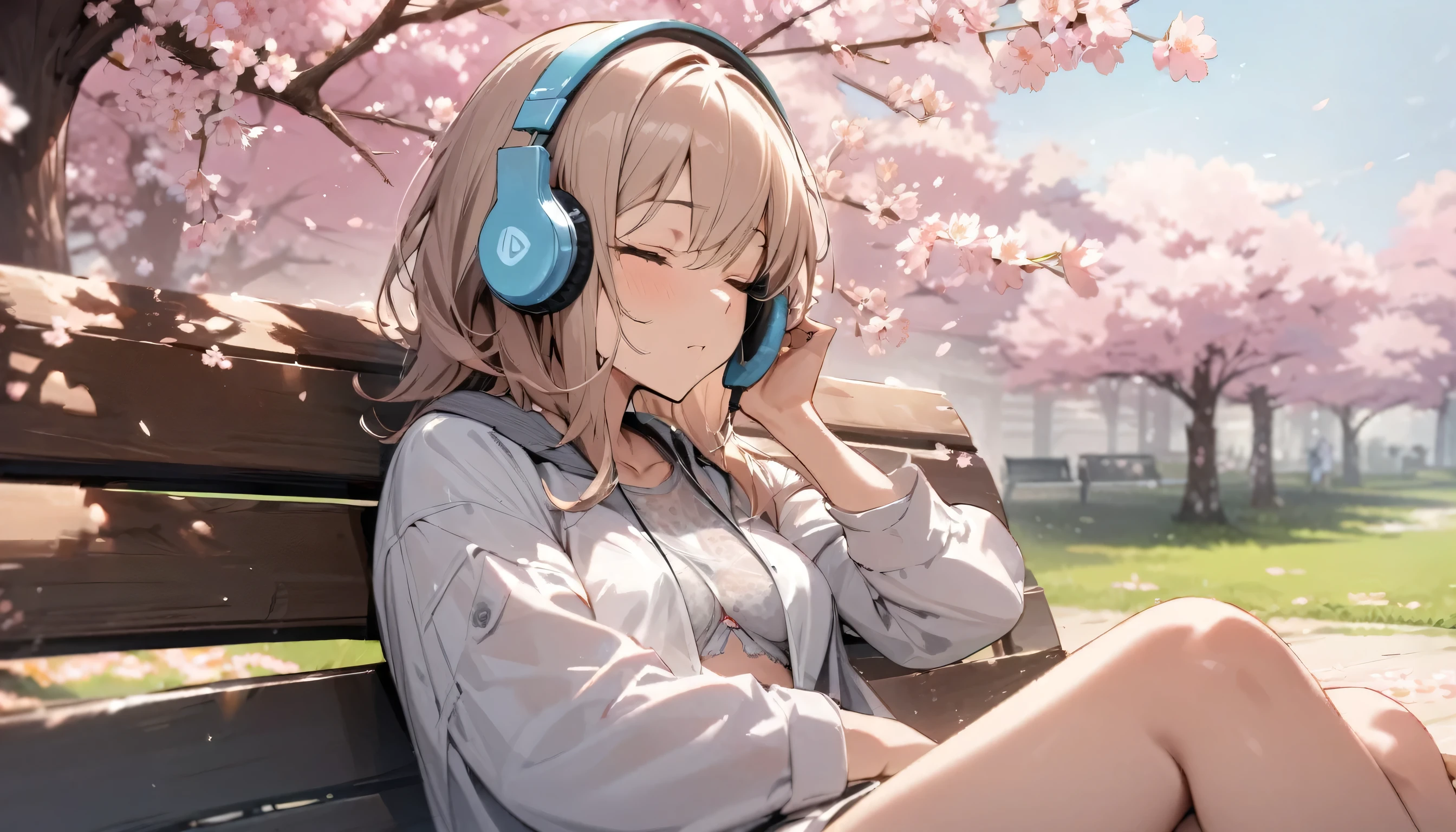 ((best quality)), ((masterpiece)), (detailed), perfect face, sitting under the cherry blossom tree, listening to music, One woman, wearing headphones, eyes closed, wearing underwear, underwear is transparent, sitting on a bench