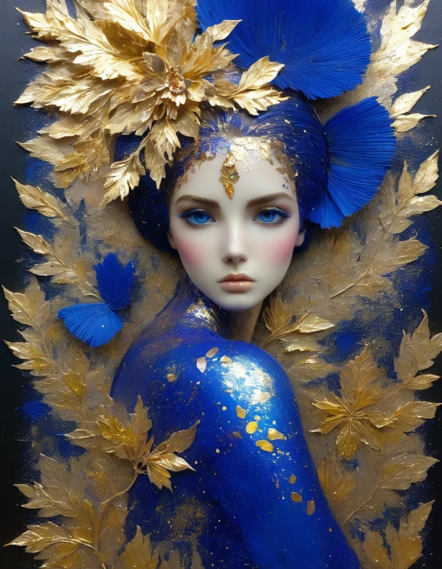 Gold Leaf Art/gold leaf art，girl，Translucent gold foil and Klein blue，in style of Barbara Takenaga