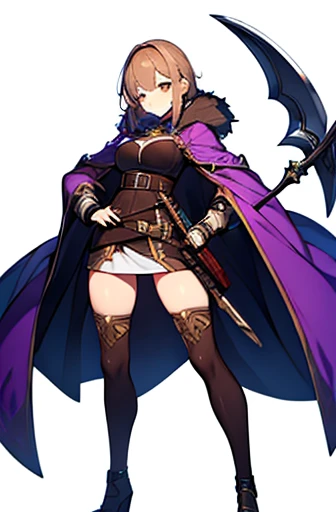 1girl, light blue eyes, purple orange, giant mace, powerful warrior, beautiful clothes, (high resolution, high detail, best quality), large breasts, thigh high, sluggish, white background