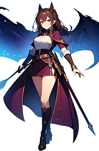 (((Best Quality))) , ((full body)), adult female, high fantasy outfit, solo, (white background), holding weapon, belt, violet, brown, white, blue, stand posture,