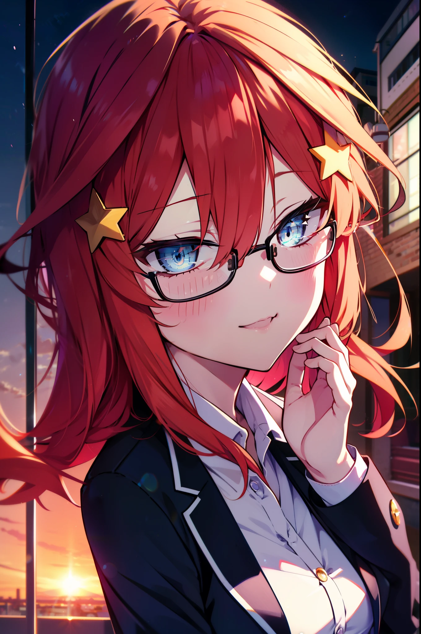 itsukinakano, itsuki nakano, bangs, blue eyes, hair between eyes, Ahoge, redhead, star \(symbol\), hair ornaments, star hair ornaments,happy smile, smile, open your mouth,OL, Akagi glasses,black suit jacket, collared jacket, white dress shirt, collared shirt, neckline, button, strap, ID card on neck, black pencil skirt, black pantyhose, stiletto heels,whole bodyがイラストに入るように,evening,sunset,The sun is setting,
break outdoors, In town,building street,
break looking at viewer, whole body,
break (masterpiece:1.2), highest quality, High resolution, unity 8k wallpaper, (figure:0.8), (detailed and beautiful eyes:1.6), highly detailed face, perfect lighting, Very detailed CG, (perfect hands, perfect anatomy),