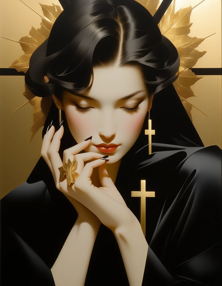 Gold Leaf Art/gold leaf art,Close-up of pale hands with long black nails and cross ring, Kaneko, Half-closed eyes in the dark, Robert Ferrie (Roberto Ferri) Hajime Sorayama (Hajime Sorayama) style of