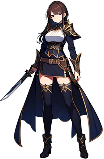 (((Best Quality))) , ((full body)), adult female, high fantasy outfit, solo, (white background), holding weapon, belt, brown, white, blue, stand posture,
