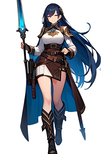 (((Best Quality))) , ((full body)), adult female, high fantasy outfit, solo, (white background), holding weapon, belt, brown, white, blue, stand posture,