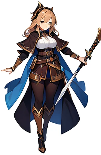 (((Best Quality))) , ((full body)), adult female, high fantasy outfit, solo, (white background), holding weapon, belt, brown, white, blue, stand posture,
