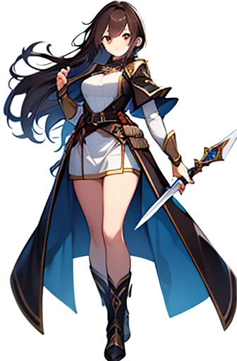 (((Best Quality))) , ((full body)), adult female, high fantasy outfit, solo, (white background), holding weapon, belt, brown, white, blue, stand posture,