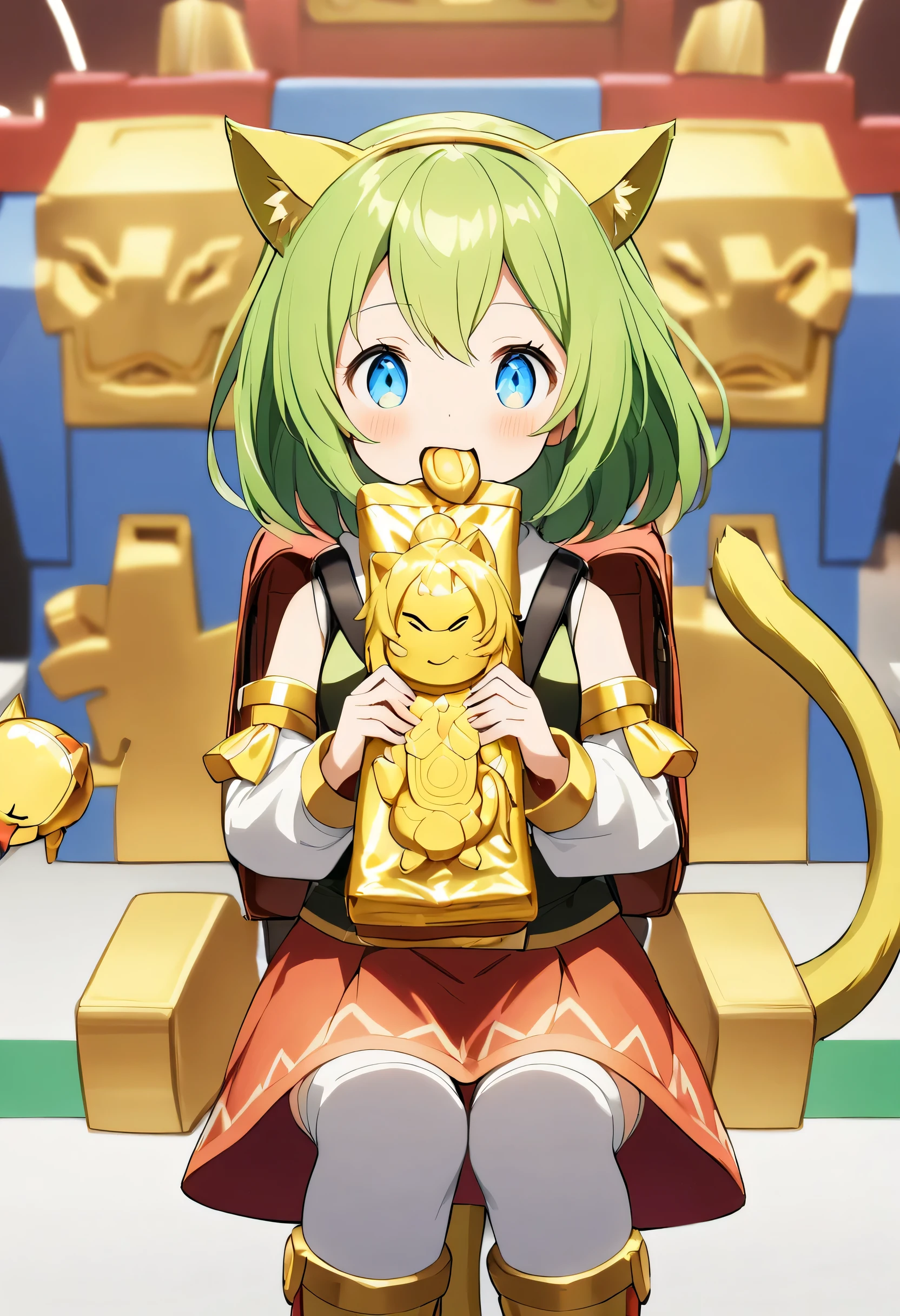 1 girl, Deltamon_beta, alone, blue eyes, knee high, animal ears, bare shoulders, blue tail, earr gs, removable sleeve, green hair, sleeveless, Cat ear, bag, white knee high, cat tail, pでk backpack, pでk school bag,
BREAK A young woman is holding a large candy bar in her mouth at a candy-themed amusement park. She holds a big candy bar in her mouth while sticking it out her tongue. She is droolでg. BREAK ,a female robot puppet made of (golden,gold carving),(solo:1.3),upper body,no humans,still life,humanoid robot,cute,cutie,indoors,front view,facing viewer,