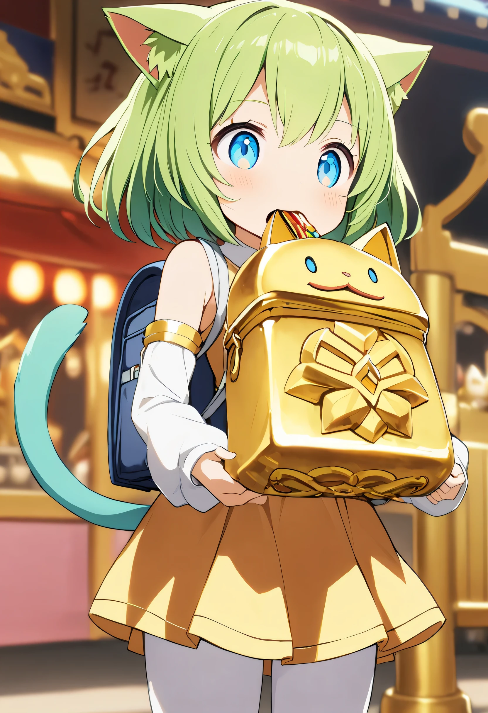 1 girl, Deltamon_beta, alone, blue eyes, knee high, animal ears, bare shoulders, blue tail, earr gs, removable sleeve, green hair, sleeveless, Cat ear, bag, white knee high, cat tail, pでk backpack, pでk school bag,
BREAK A young woman is holding a large candy bar in her mouth at a candy-themed amusement park. She holds a big candy bar in her mouth while sticking it out her tongue. She is droolでg. BREAK ,a female robot puppet made of (golden,gold carving),(solo:1.3),upper body,no humans,still life,humanoid robot,cute,cutie,indoors,front view,facing viewer,