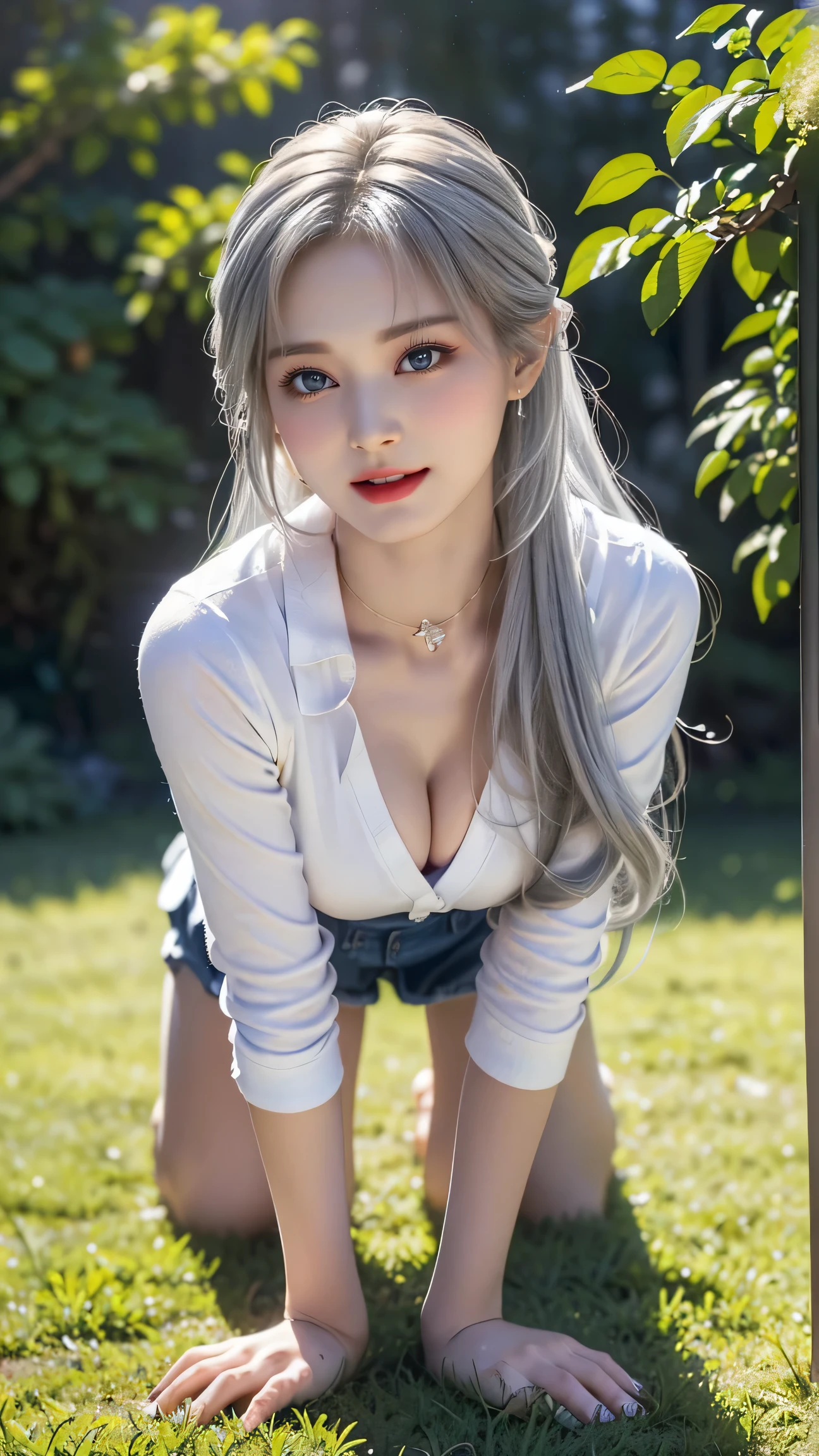 ((Girl taking care of flowers in the garden))、top quality work,Actual work,Ultra Premium Graphics,8K HD CG works,High quality graphics,High-definition CG works,super fine details:1.1,Advanced technical details:1.1Photo-realistic,Natural light:1.5. light effect(virtual light effect:1.8),超A high resolution,長いsilver hair,silver hair,transparent hair,high detail hair(premium hair detail:1.1)clear eyes,beautiful double eyelids,sharp eye makeup, delicate eyelash makeup, thin eyebrows, highly detailed eyes,high nose, nice red lips, rose cheeks, A face with delicate makeup , cute face, perfectly proportioned face,(Advanced facial details:1.hiny,summer sexywhiteTshirt)),((Jeans Mini Skirt)),((Rear view))、((look back))、(stick out your butt),stto heels,woman'artwork of,full body figure,realism,wonderful,My eyes are shining today,((get down on all fours)),((White panties aree)),