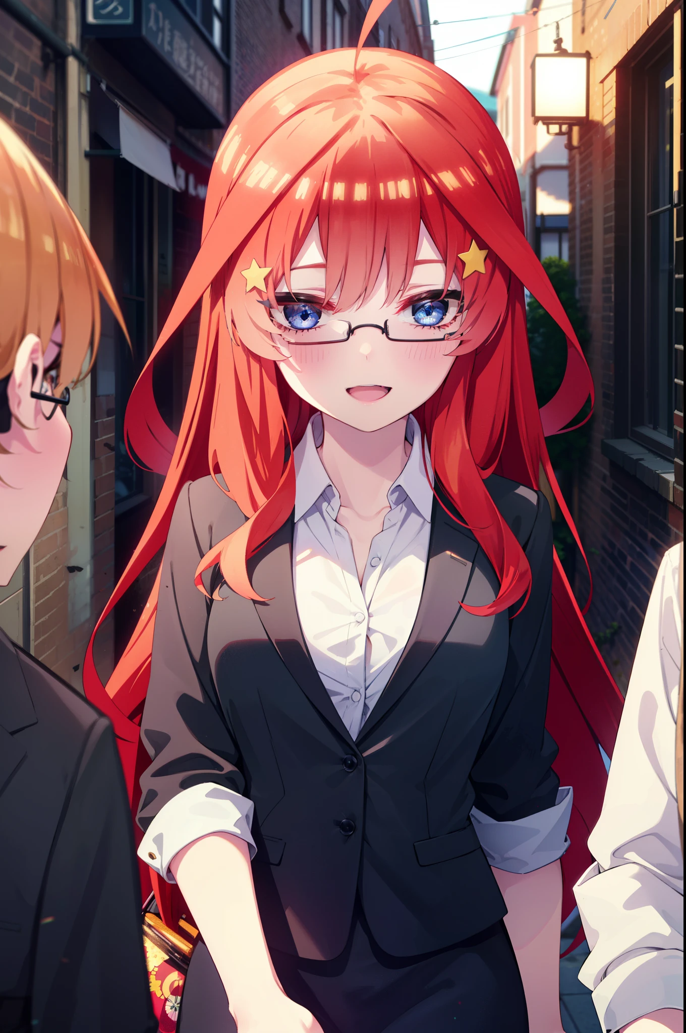 itsukinakano, itsuki nakano, bangs, blue eyes, hair between eyes, Ahoge, redhead, star \(symbol\), hair ornaments, star hair ornaments,happy smile, smile, open your mouth,OL, Akagi glasses,black suit jacket, collared jacket, white dress shirt, collared shirt, neckline, button, strap, ID card on neck, black pencil skirt, black pantyhose, stiletto heels,whole bodyがイラストに入るように,evening,sunset,The sun is setting,
break outdoors, In town,building street,
break looking at viewer, whole body,
break (masterpiece:1.2), highest quality, High resolution, unity 8k wallpaper, (figure:0.8), (detailed and beautiful eyes:1.6), highly detailed face, perfect lighting, Very detailed CG, (perfect hands, perfect anatomy),