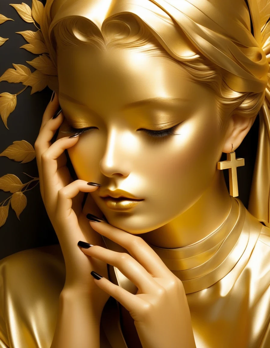 Gold Leaf Art/gold leaf art，Close-up of pale hands with long black nails and cross ring, Kaneko, Half-closed eyes in the dark, Robert Ferrie (Roberto Ferri) Hajime Sorayama (Hajime Sorayama) style of