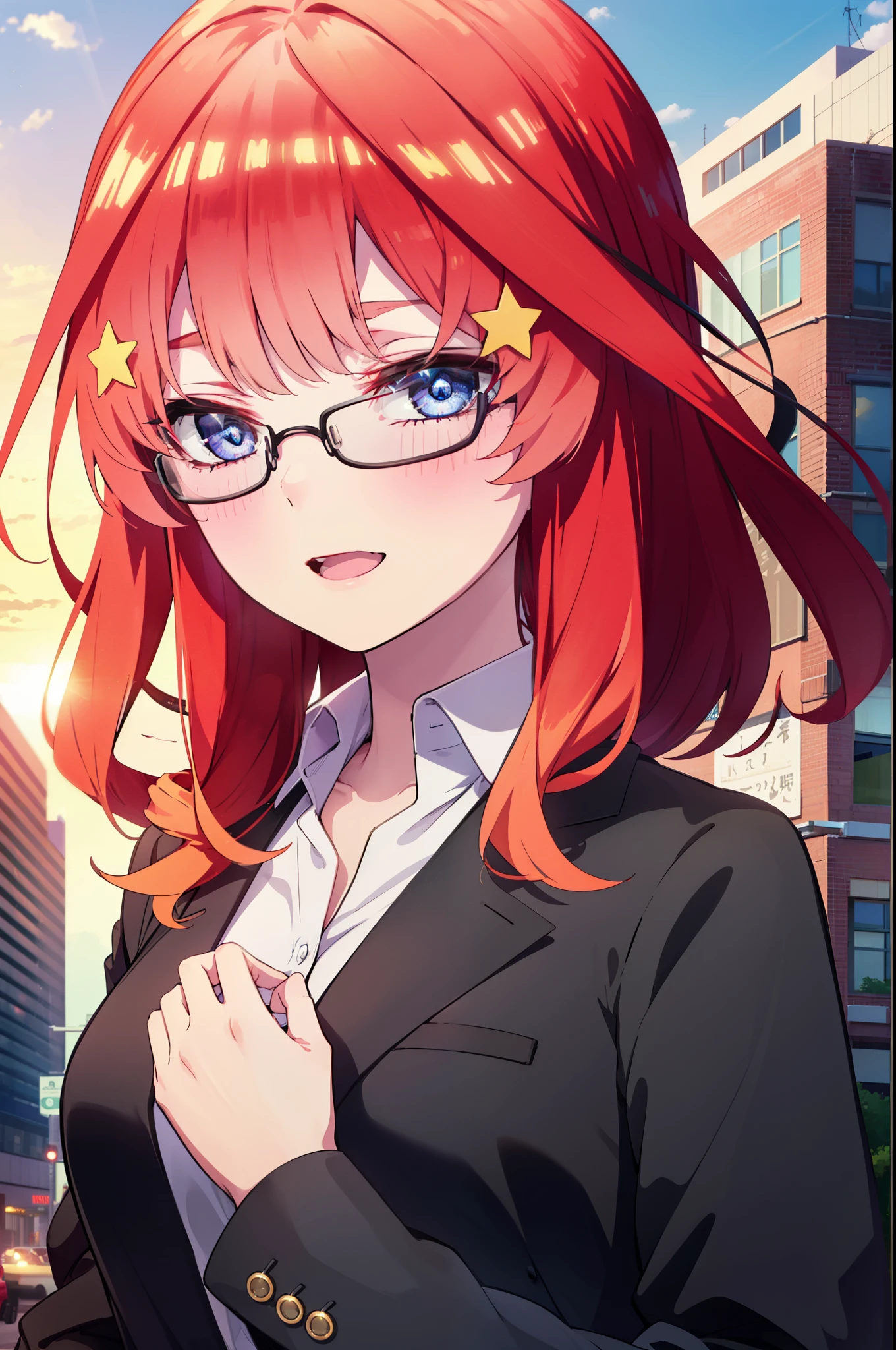 itsukinakano, itsuki nakano, bangs, blue eyes, hair between eyes, Ahoge, redhead, star \(symbol\), hair ornaments, star hair ornaments,happy smile, smile, open your mouth,OL, Akagi glasses,black suit jacket, collared jacket, white dress shirt, collared shirt, neckline, button, strap, ID card on neck, black pencil skirt, black pantyhose, stiletto heels,whole bodyがイラストに入るように,evening,sunset,The sun is setting,
break outdoors, In town,building street,
break looking at viewer, whole body,
break (masterpiece:1.2), highest quality, High resolution, unity 8k wallpaper, (figure:0.8), (detailed and beautiful eyes:1.6), highly detailed face, perfect lighting, Very detailed CG, (perfect hands, perfect anatomy),