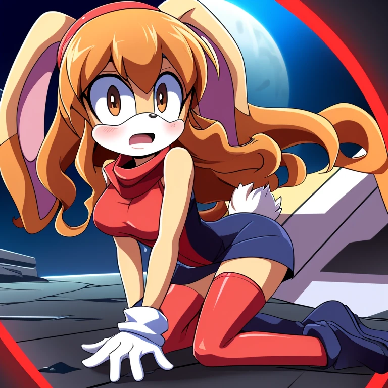 Female, Mobian, Rabbit, Cream the Rabbit, sonic the hedgehog \(series\), rabbit girl, ((solo)), ((1girl)), ((hairstyles, long wavy hair with curtain bangs)), (eyes open), serious, young adult, average sized breasts, hair on top of shoulders, long peach hair color that’s is wavy, wearing a blue anime styled scarf, wearing a red one piece, knee length tights, black boots, white gloves, (((2D Anime Style))), in a fighting pose