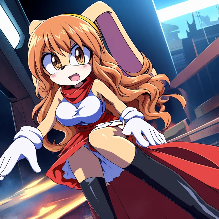 Adult Female, Mobian, Rabbit, Cream the Rabbit, sonic the hedgehog \(series\),  rabbit girl, ((solo)), ((1girl)), ((hairstyles, long wavy hair with curtain side bangs, similar to Maria)), brown eyes, blood on her, serious/mad, young adult, dd cups sized breasts, hair on top of shoulders, long peach hair color that’s is wavy, wearing a blue anime styled scarf, wearing a red one piece, knee length tights, black boots, white gloves, in a dark apocalypse, fighting, (((2D Anime Style))), 