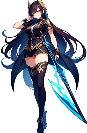 (((Best Quality))) , ((full body)), female, high fantasy outfit, solo, (white background), holding weapon, stand posture,