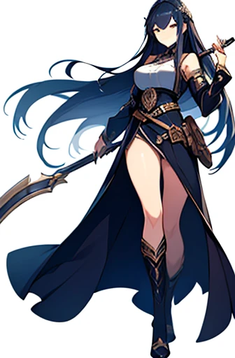(((Best Quality))) , ((full body)), female, high fantasy outfit, solo, (white background), holding weapon, stand posture,